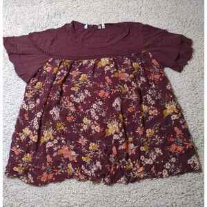 New Directions Women’s M Blouse Dark Purple Floral Crochet Accent VTG Top